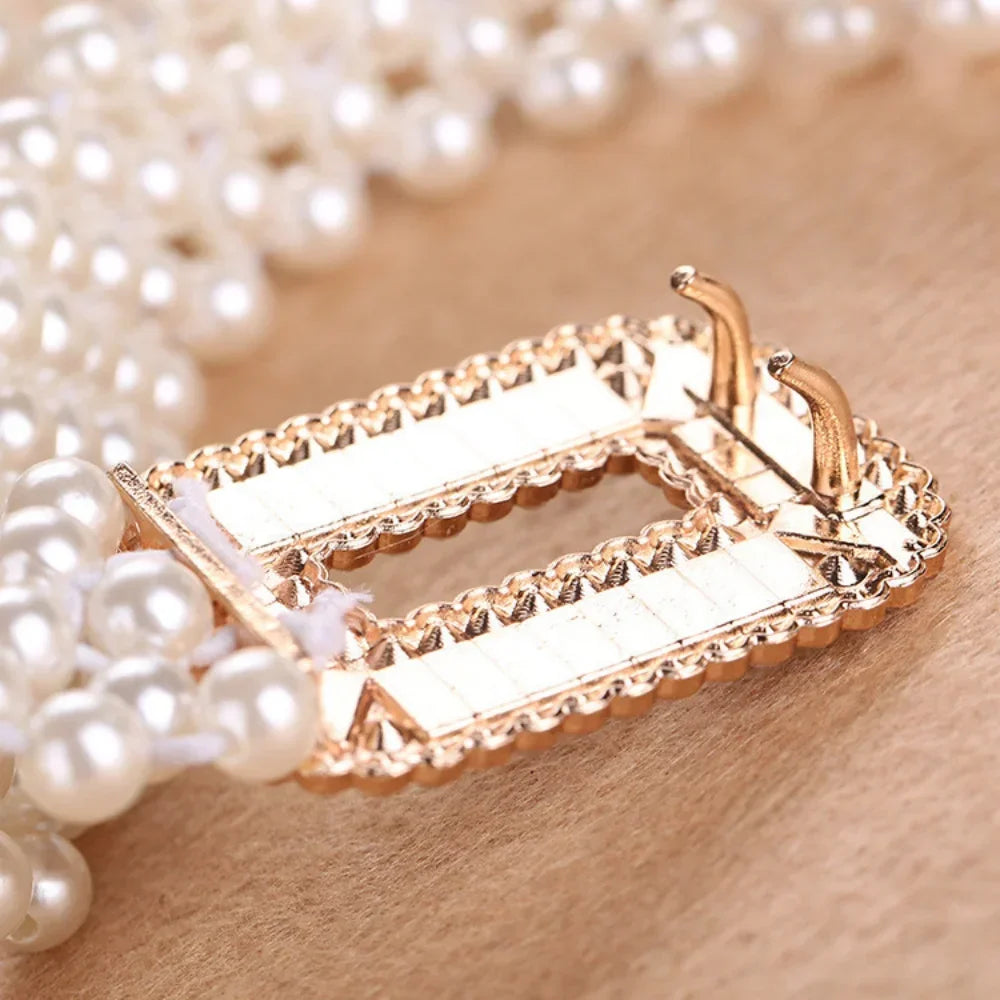 Elegant Women Pearl Waist Belt Elastic Buckle Pearl Chain Belt Female Girls Dress Crystal Strap Pearl Elastic Belt Luxury Brand