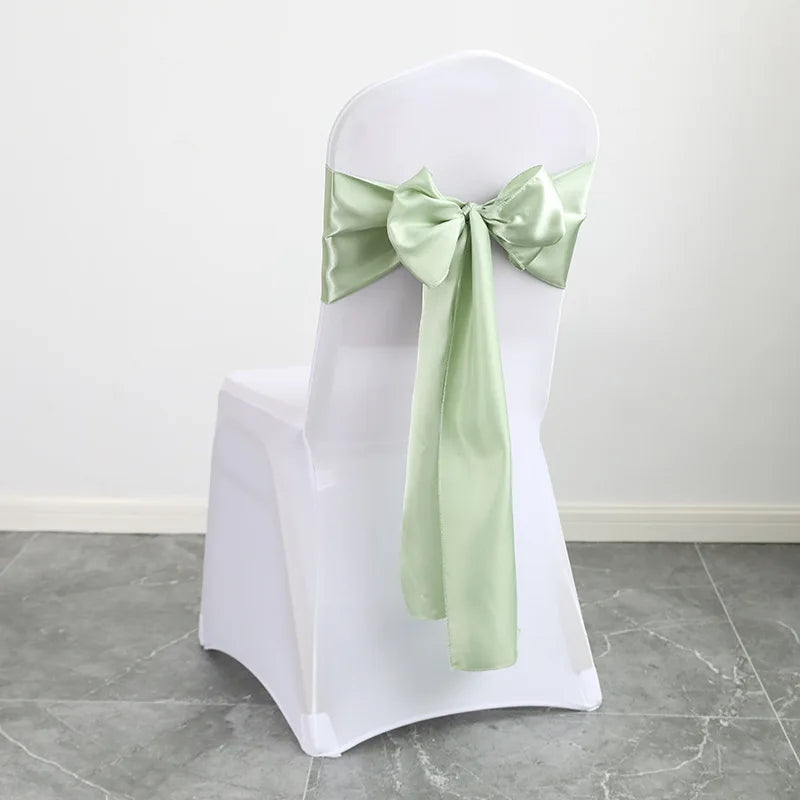 10PCS 17x275cm Sage Green Satin Chair Sashes Bows Chair Cover Ribbons for Wedding Banquet Party Baby Shower Event Decorations