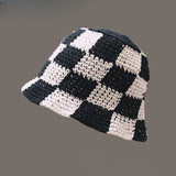 Korean Hand knit Crochet Bucket Hats Spring Summer Soft Straw Sun Hat Women Bucket Hats Plaid Designer Bob Fisherman Cap