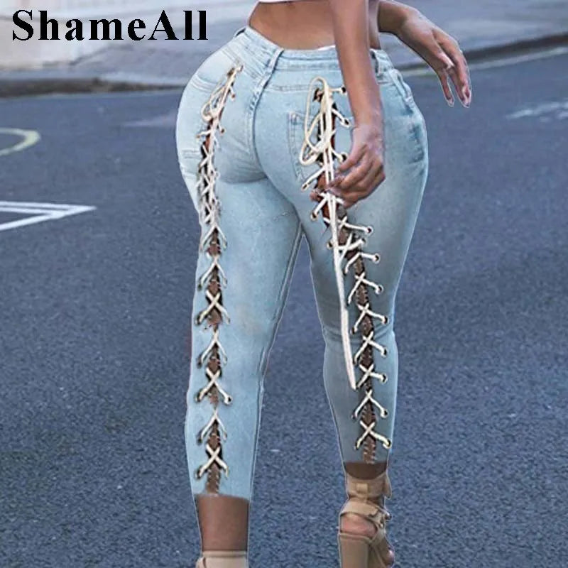 Plus Size Sexy White Blue Hollow Out Denim Capris 4XL Club Women High Waist Ripped Lace Up Bandage Ankle Length Jeans Cropped