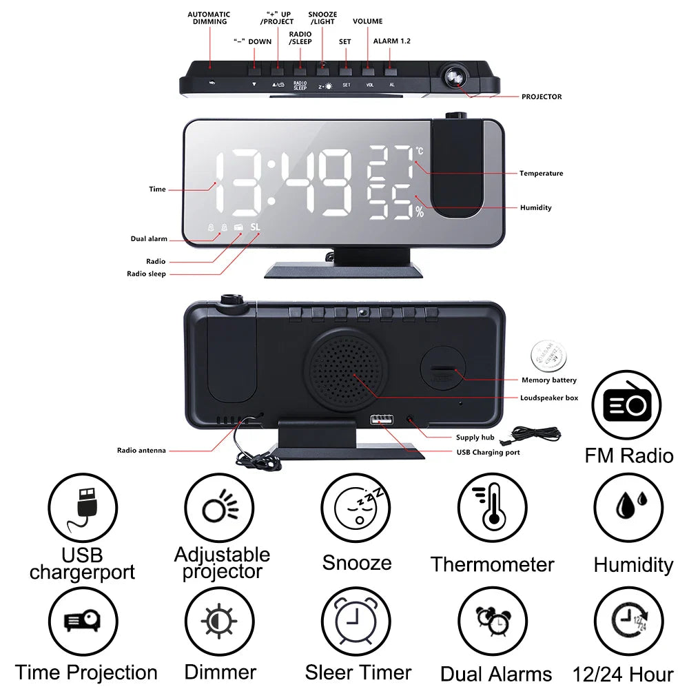 FM Radio LED Digital Smart Alarm Clock Watch Table Electronic Desktop Clocks USB Wake Up Clock with 180° Time Projection Snooze