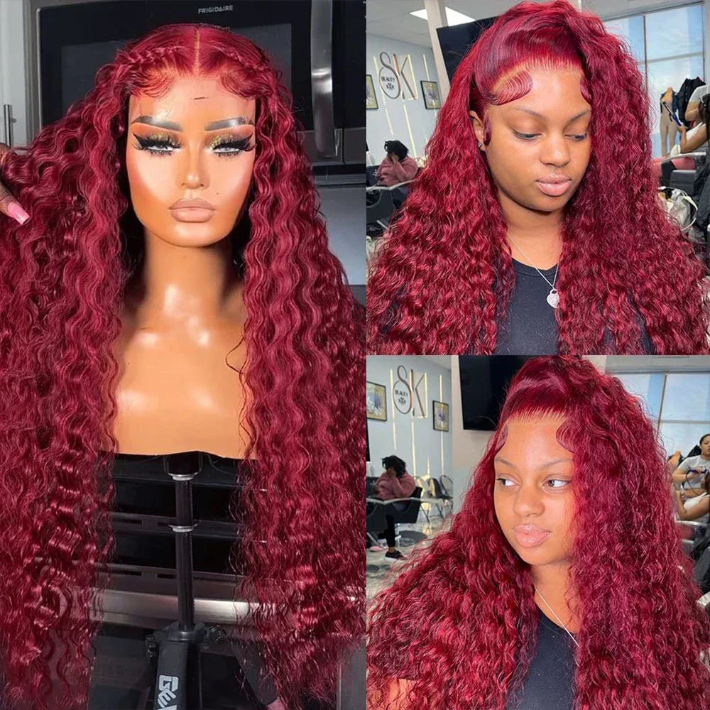 TAHIKIE Transparent 99j Burgundy Lace Front Human Hair Wig 13x6 HD Lace Deep Wave Frontal Wig Brazilian Curly Wigs For Women