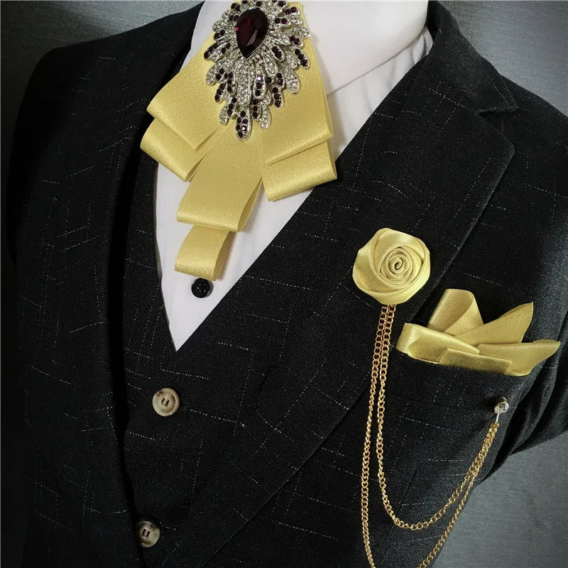 Men's Bow Tie Corsage Pocket Towel Sets British Korean Dress Suit Jewelry Luxury Rhinestones Men Wedding Accessories 3 Piece Set