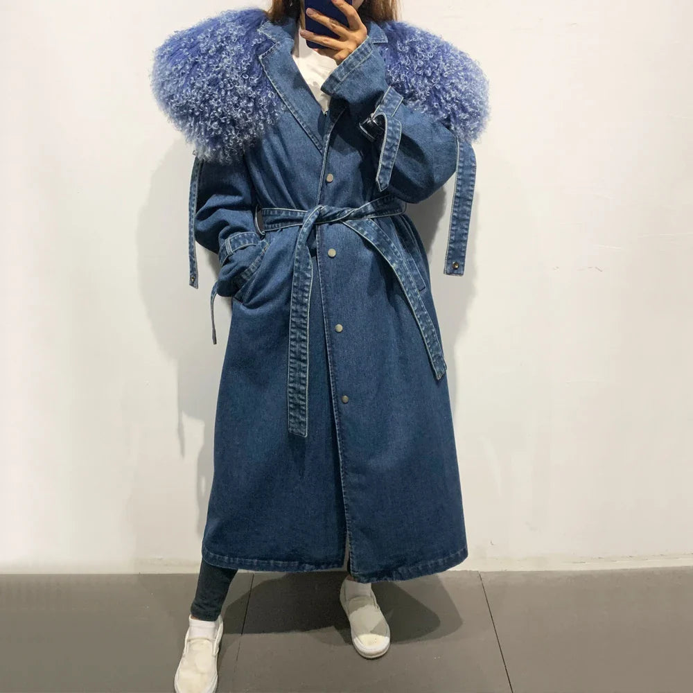 Denim Coat Long 2024 New Coming Denim Windbreak Long With Fur Collar Ladies Jeans Coat