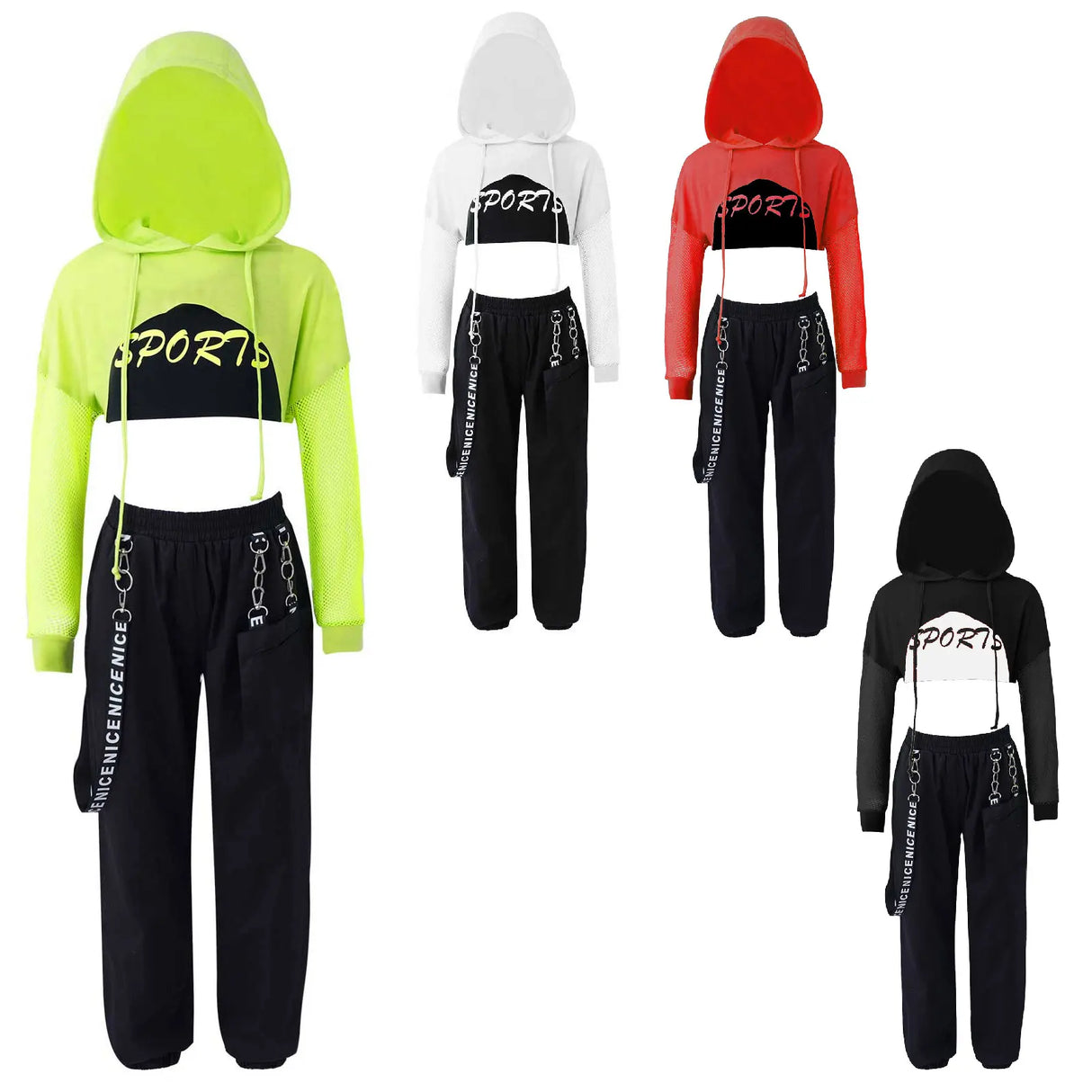 Girls Hip Hop Dance Sports Sets Kids Hooded Net Cover Up Crop Tops Vest And Pants Suit Fashion Jazz Modern Street Dance Costumes