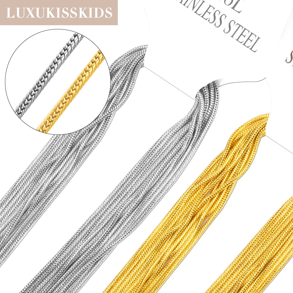 LUXUKISSKIDS 1mm Round Snake Chains Wholesale 10pcs/Pack Necklaces Gold Color Stainless Steel For Pendant DIY Woman/Men Jewelry