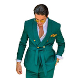 Designer Green Suits for Men 2 Piece Blazer Sets Double Breasted Belt Wedding Party Travel Suit trajes de hombre Jacket+Pants