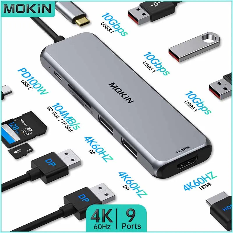 MOKiN 9-in-1 USB C Docking Station: 2 DP + HDMI Extend 3 Displays, USB 3.0/3.1, SD/TF, RJ45 for MacBook iPad Laptop 4K 60HZ