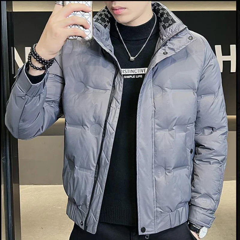 Men Short Lightweight Down Jacket Winter Warm Down Coat Korean Loose White Duck Down Big Pockets Zipper Long Sleeve Outerwear