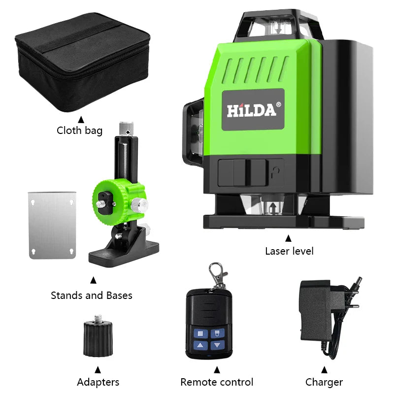 HILDA 12/16 Lines 3/4D Laser Level Level Self-Leveling 360 Horizontal And Vertical Cross Super Powerful Green Laser Level