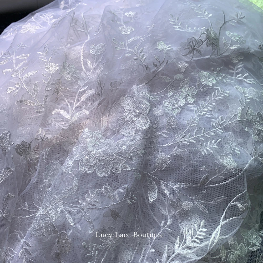 Snow White, Ivory Sequined Tulle Lace Fabric for Wedding Dress 2021 NEW Arrival High Quality Florals Embroidery Lace Free Ship