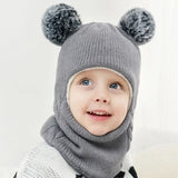 1-7Y Winter Baby Hat Scarf One-Piece Pompom Knit Hat for Kids Warm Neck Ball Cap for Girls Boys Windproof Beanies Infant Cap