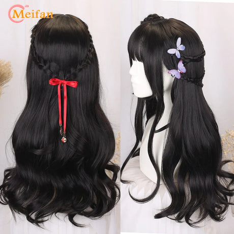 MEIFAN Synthetic Long Straight Lolita Wig with Bangs Wig Girl Cute Mixed Black Red Blonde Cosplay Party Halloween Harajuku Wig