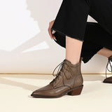 Genuine Leather Retro Mature Women Ankle Boots Pointed Toe Lace-Up Thick Heels Shoes Woman Autumn Winter Office Boot Shoe