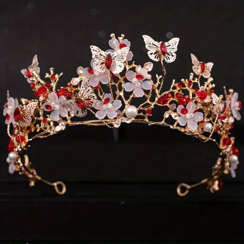 Handmade Bridal Pearl Rhinestone Crown Tiara Butterfly Floral Crown Wedding Gift Floral Design Crown Hair Accessories