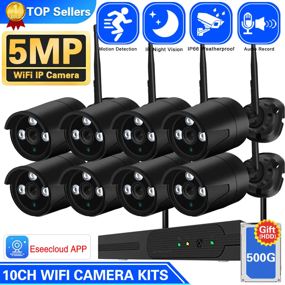 Wireless Wifi Camera Kit 5MP Audio Smart AI Human Detection Outdoor Security Camera 10CH NVR Video Surveillance System Eseecloud