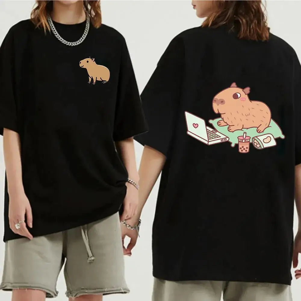 Funny Animals Capybara Cartoon Print T Shirt WomenMen Cotton Plus Size Tops T-shirt Y2k Unisex Fashion Harajuku Tees