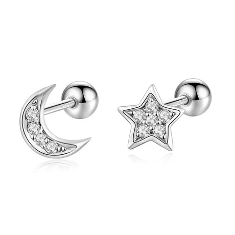 TrustDavis Real 925 Sterling Silver Earrings Fashion Moon Star CZ Beads Screw Stud Earring For Women Wedding Fine Jewelry DA3019