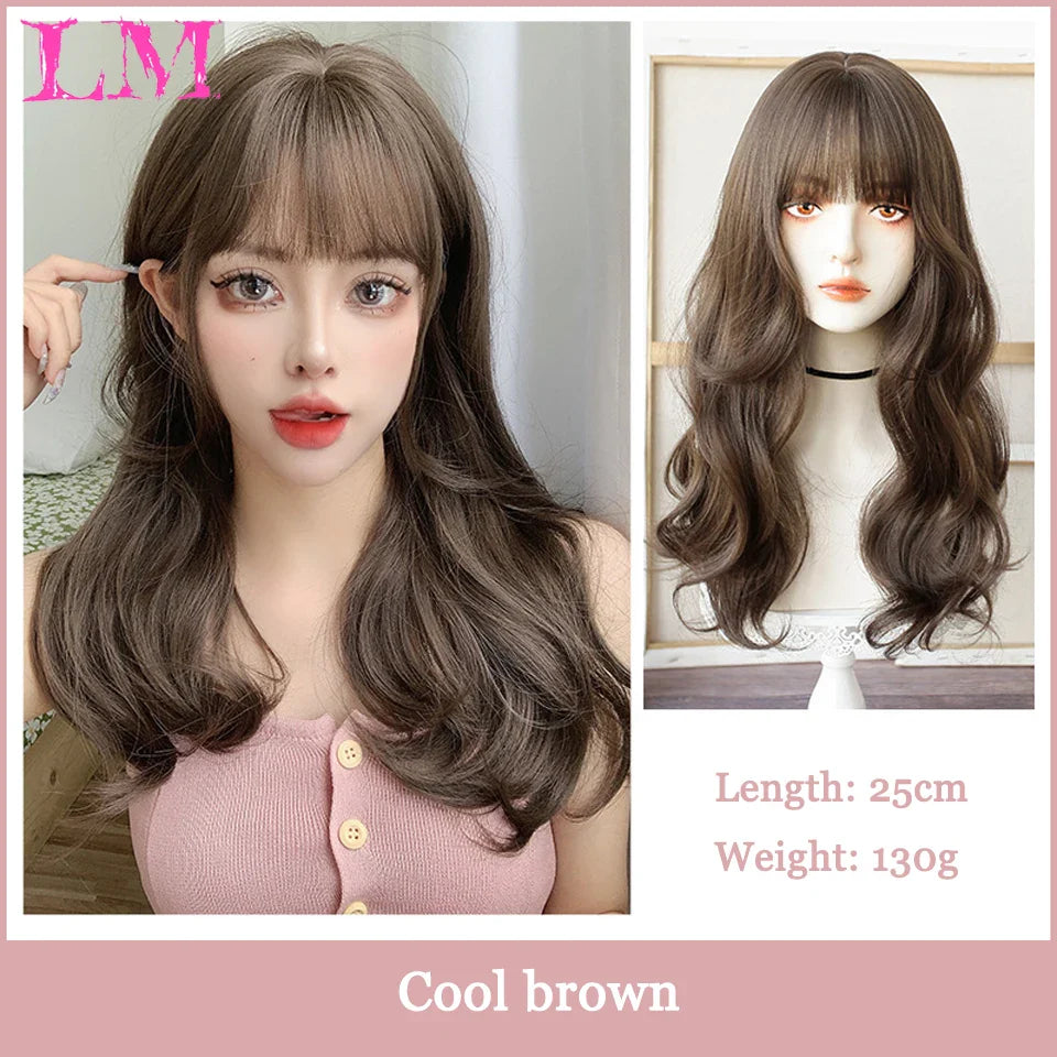 LM Dark Brown Wig Long Wave Wigs for Women Synthetic Hair Wig With Bangs Heat Resistant Party Daily Natural Use