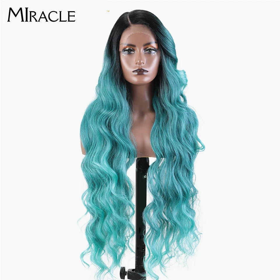 MIRACLE Synthetic Lace Front Wigs For Women Long Wavy 36 Inch Body Wavy Side Part Lace Front Wig Ombre Brown Blonde Cosplay Wig