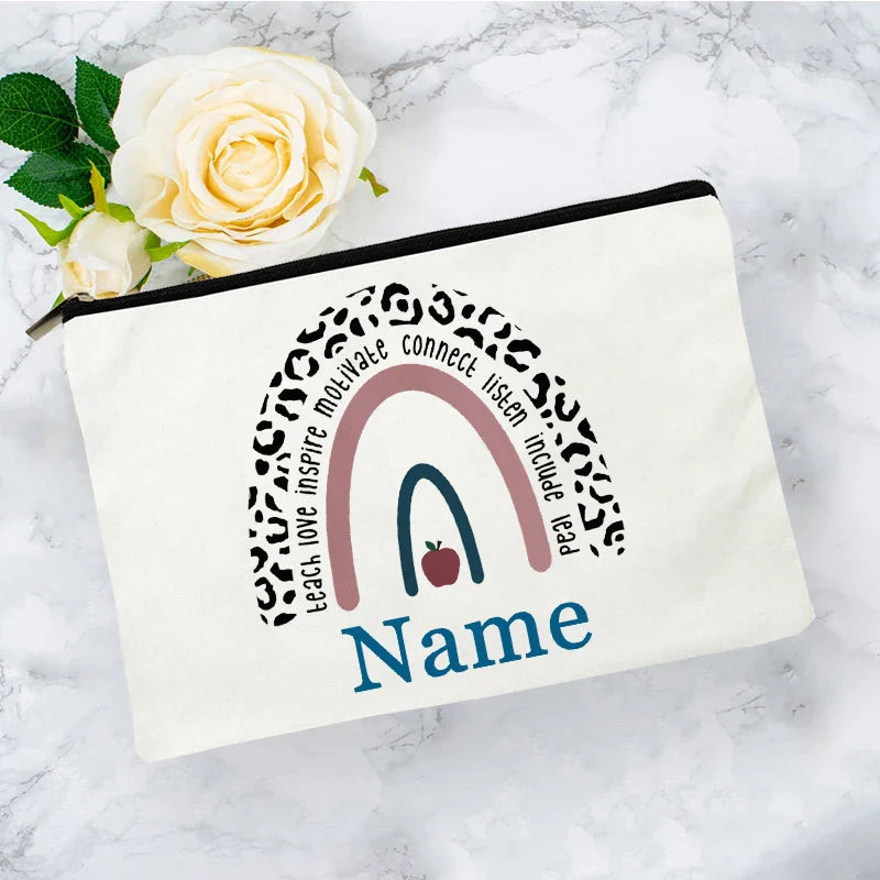 White Personalized Name Bag woman rainbow print Makeup Bag Storage Pouch Toiletries storage Cosmetic Pocket Gift for teachers