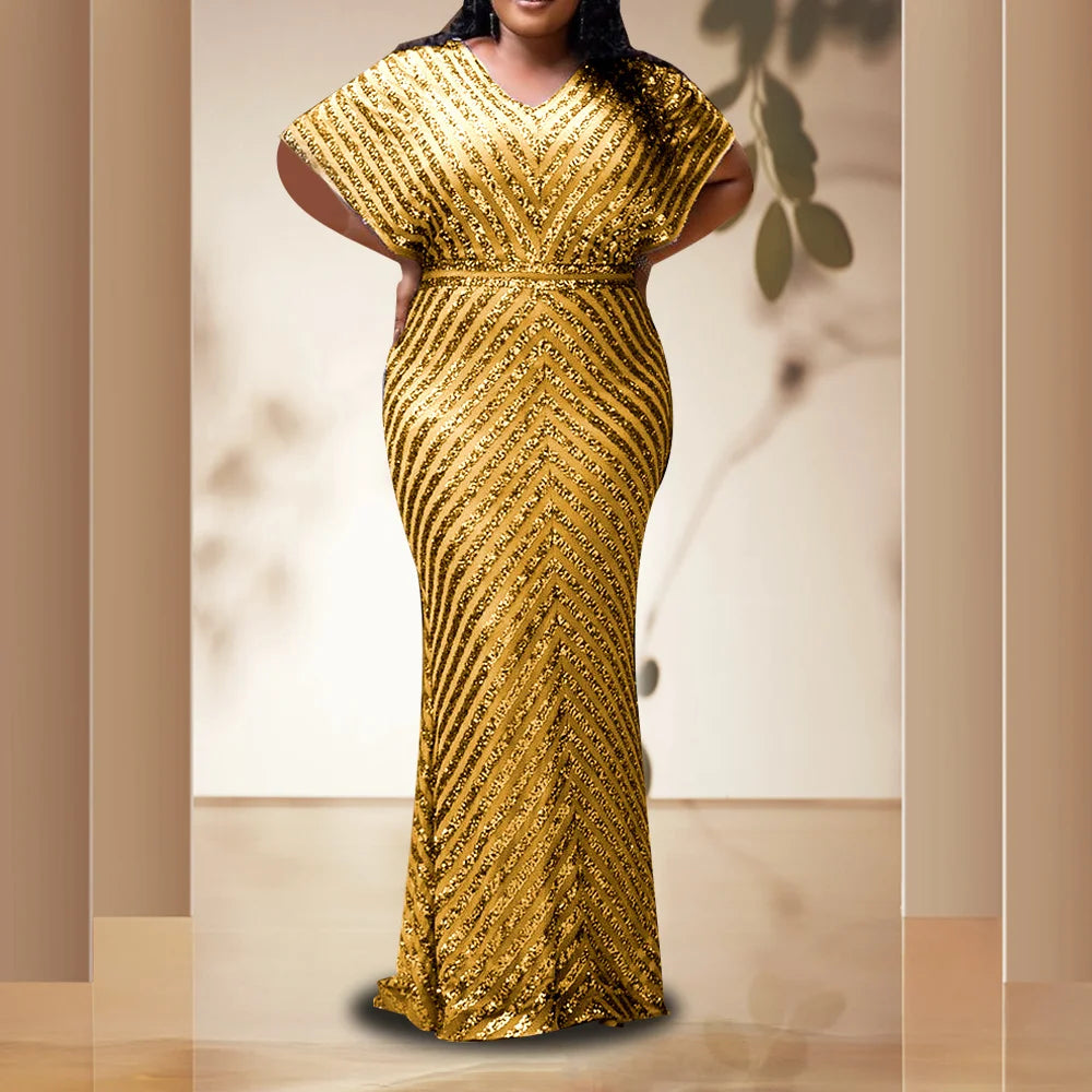 Plus Size Evening Party Dress For Women Elegant Wedding Dinner Formal Clothing Gold Simple Design Sequin Long Dresses Large Size