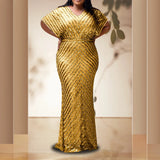 Plus Size Evening Party Dress For Women Elegant Wedding Dinner Formal Clothing Gold Simple Design Sequin Long Dresses Large Size