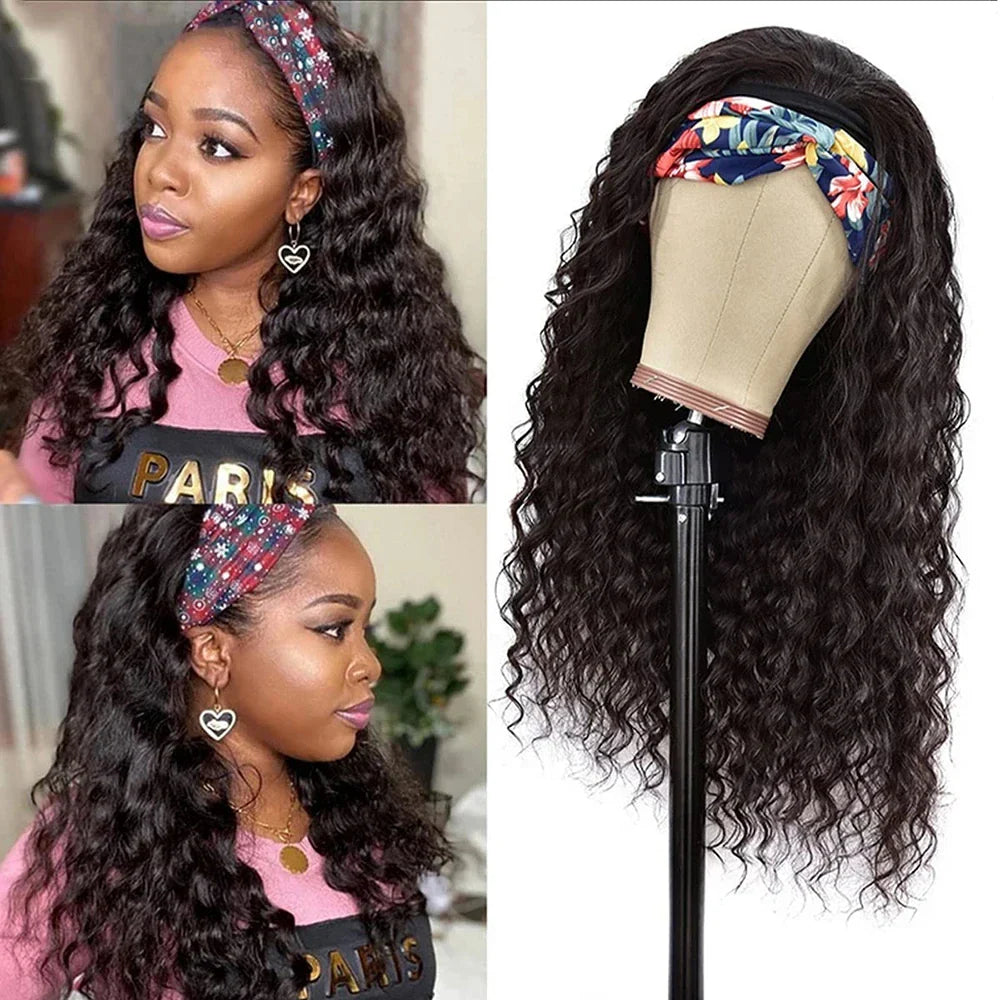 Deep Wave Headband Scarf Wig For Women Brazilian Remy Human Hair Wigs None Lace Glueless Full Machine Made Wig Headband Wig