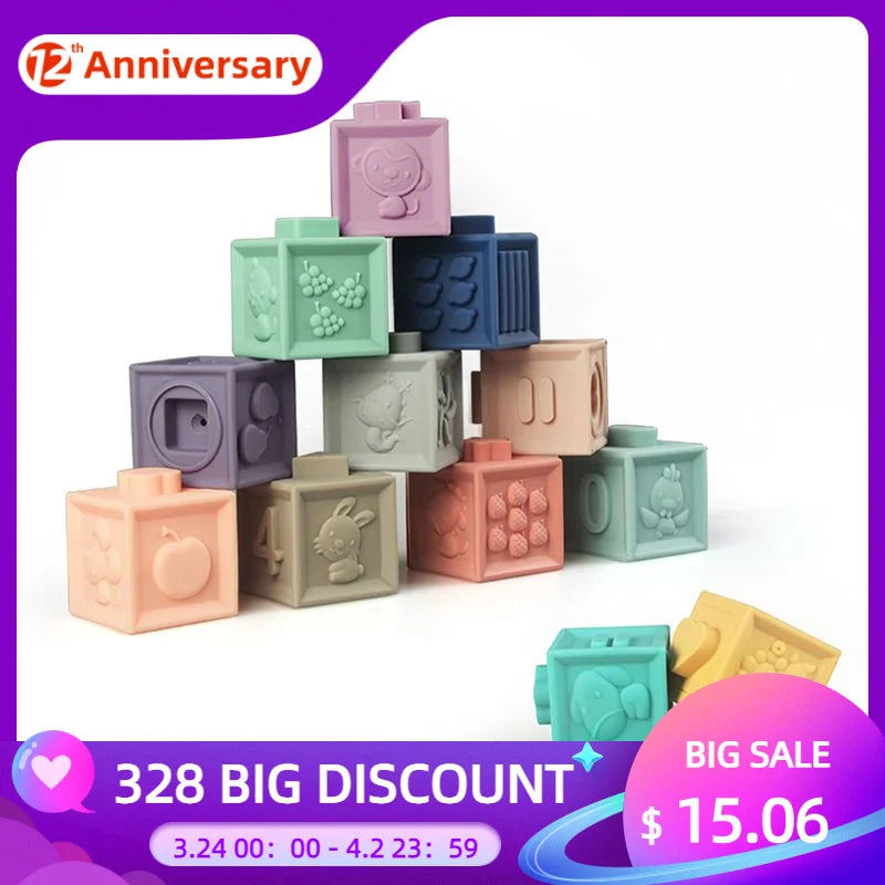 Silicone Building Blocks for Kid Grasp Toys Soft 3D Cartoon Animal Number Early Education Puzzle Baby Massage Rubber Teether Toy