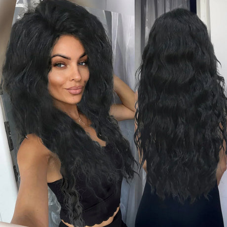 GNIMEGIL Synthetic Long Wave Wig for Woman Natural Brown Wig with Clip Free Part Side Bangs 80s Curly Wigs for Women Ombre Wig