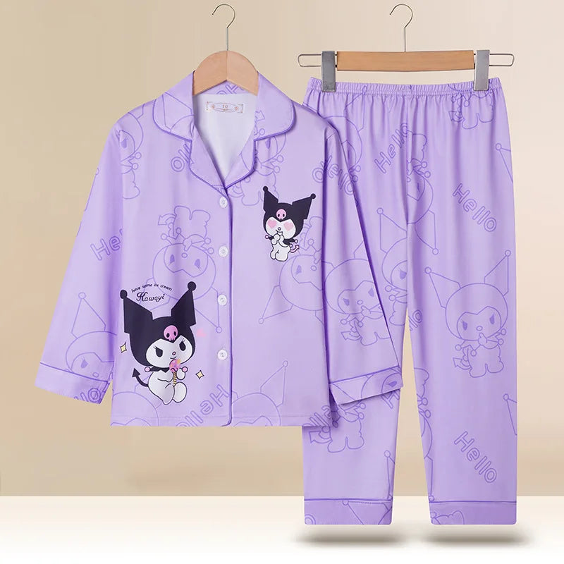 Spring Miniso Cute Children's Pajamas Sets Kawaii Anime Kuromi Pochacco Cinnamoroll Girl Boy Sleepwear Milk Silk Kids Loungewear