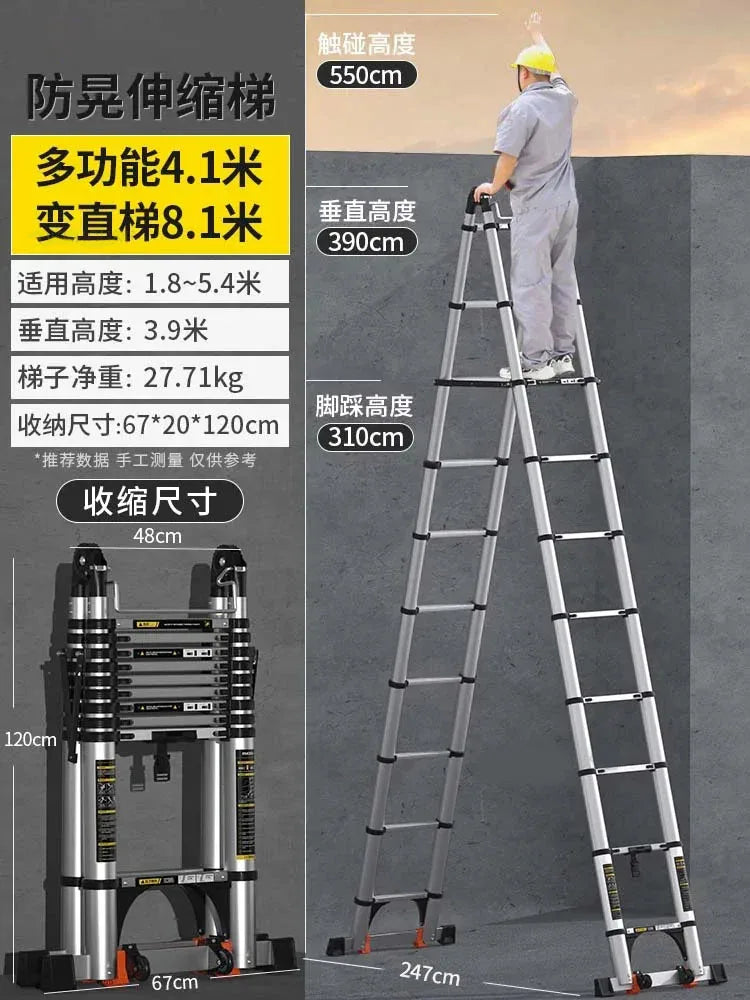 Home Kitchen Telescopic Ladder Aluminum Alloy Step Stools Multi-functional Engineering Ladder Portable Folding Straight Ladder