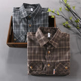 American Retro Men's Tooling Plaid Shirt Fashion Double Pocket Long Sleeve Casual Streetwear Male Cargo Blouses Tops