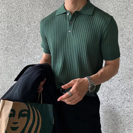 Men's Clothing Luxury Knit Polo Shirt Casual Striped Button Down Solid Color Short Sleeve T-Shirt for Men Breathable M-2XL