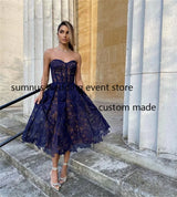 Sumnus Navy Blue Mini A Line Lace Appliques Fuchsia Party Dress Strapless Sexy Prom Cocktail Gowns Tea Length Tulle Women Gowns