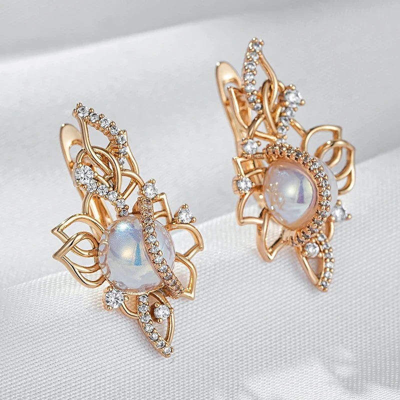 Kinel Luxury 585 Rose Gold Drop Earrings for Women Unique Geometric Hollow Bridal Accessories Natural Zircon Pearl Jewelry Gift