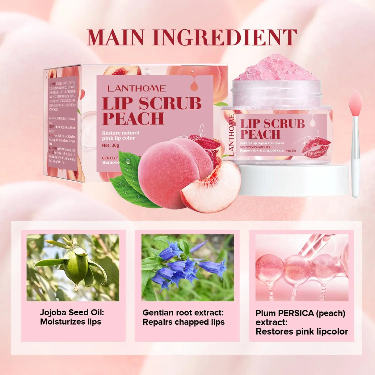 Peach Lip Scrub Exfoliating Lightening Fade Lip Lines Anti Dryness Removing Dead Skin Moisturizing Care Makeup Lip Care 30g