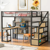 Full Size Metal Loft bed with Staircase, Built-in Desk and Shelves，Bedroom practical single bed for children, bunk bed for teen