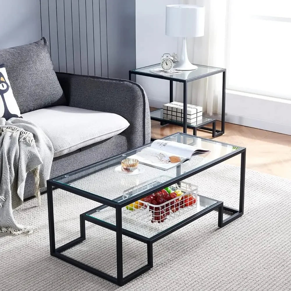 Metal Glass Coffee Table - Two-Tiered with Tempered Glass, Stylish Metal Frame Coffee Table for Bedroom, Dining Room, Office