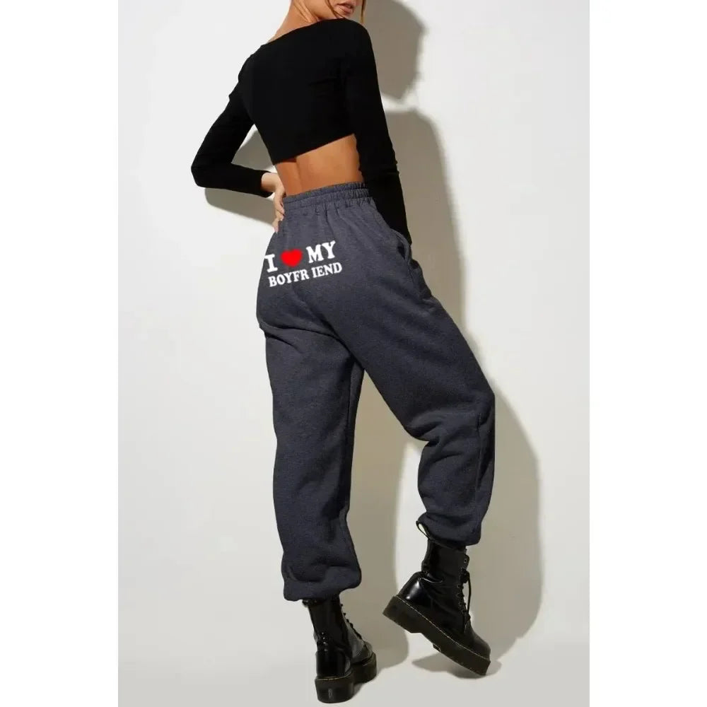 I Love My Boyfriend Printed Sweatpants Y2k High Elastic Waist Drawstring Baggy Trousers Vintage Casual Loose Straight Pants