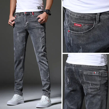 New Autumn Winter Hip Hop Kpop Brushed Denim Fabric Wash Ripped Korean Fashion Men Tight Designer Original Cowboy Slim Trousers