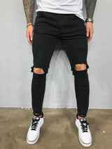 Distressed Knee Holes Elastic Skinny Jeans Men Ripped Biker Denim Pants Solid Washed Streetwear Black Pantalones Hombre Joggers