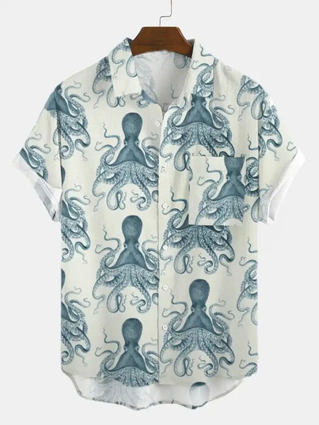 Molilulu Men's Fashion Vintage Clothing Octopus Short Sleeve Breathable Loose Printing Hawaiian Shirts