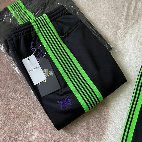 New style  Purple Stripe Needles Sweatpants Men Women White Embroidered Butterfly Awge Needles Drawstring Track Pants