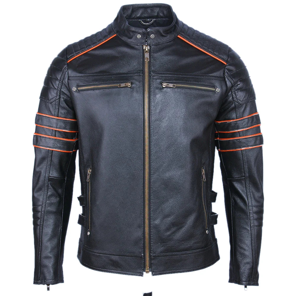 Black Embroidery Skull Motorcycle Leather Jackets 100% Natural Cowhide Moto Jacket Biker Leather Coat Winter Warm Clothing M219