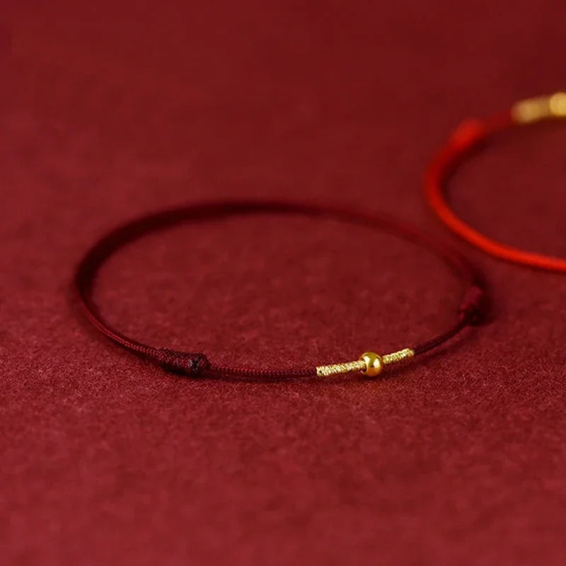 Small Gold Color Titanium Beads Red Thread Woven Braid Couple Bracelets Anklets for Women Men Fashion Jewelry YBR687