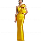 Exquisite Mother of the Bride Dresses 2023 Sheath One-Shoulder Satin Bow Floor-Length Wedding Guest Dresses فستان حفلات الزفاف