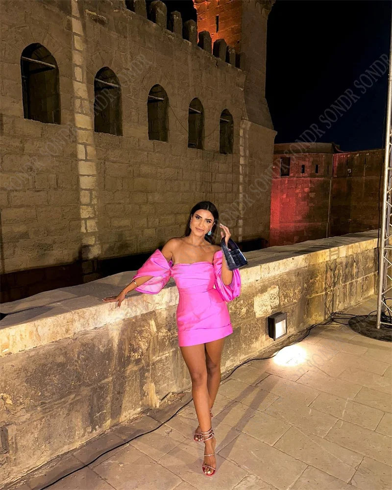 SONDR Modern Pink Satin Short Prom Dresses Dubai Arabic Women Shiny Beads Mini Sexy Cocktail Dress Evening Birthday Gowns