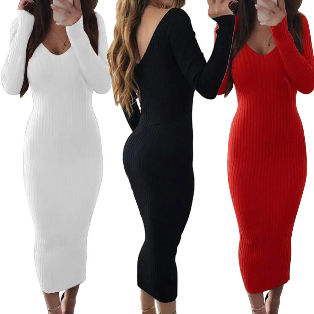 Sexy Backless Bodycon Long Sleeve Dress Slim Midi Dress Women V Neck Ribbed Knitted Midi Dress