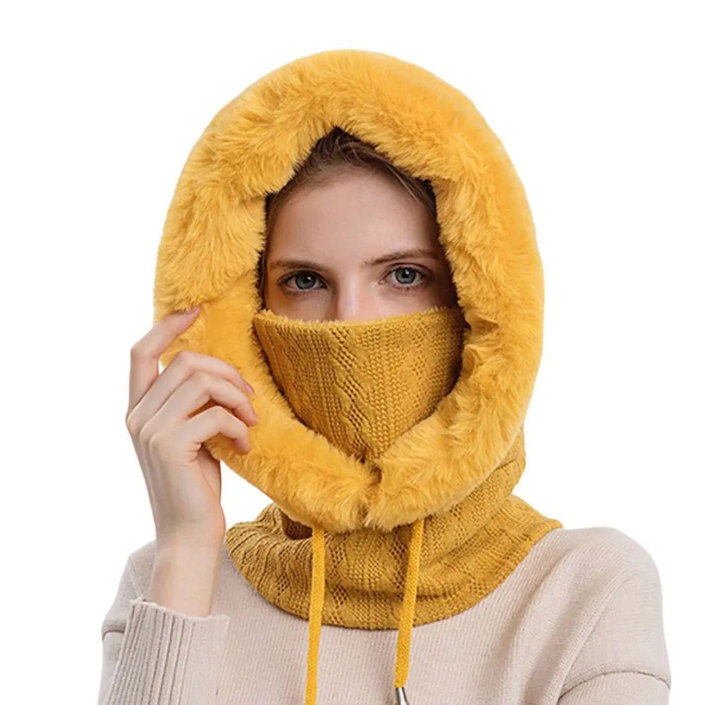 New Winter Women 3in1 Knitted Ski Hat with Scarf Neck Warmer Fleece Lined Hood Face Mask Adult Balaclava for Outdoor Sports